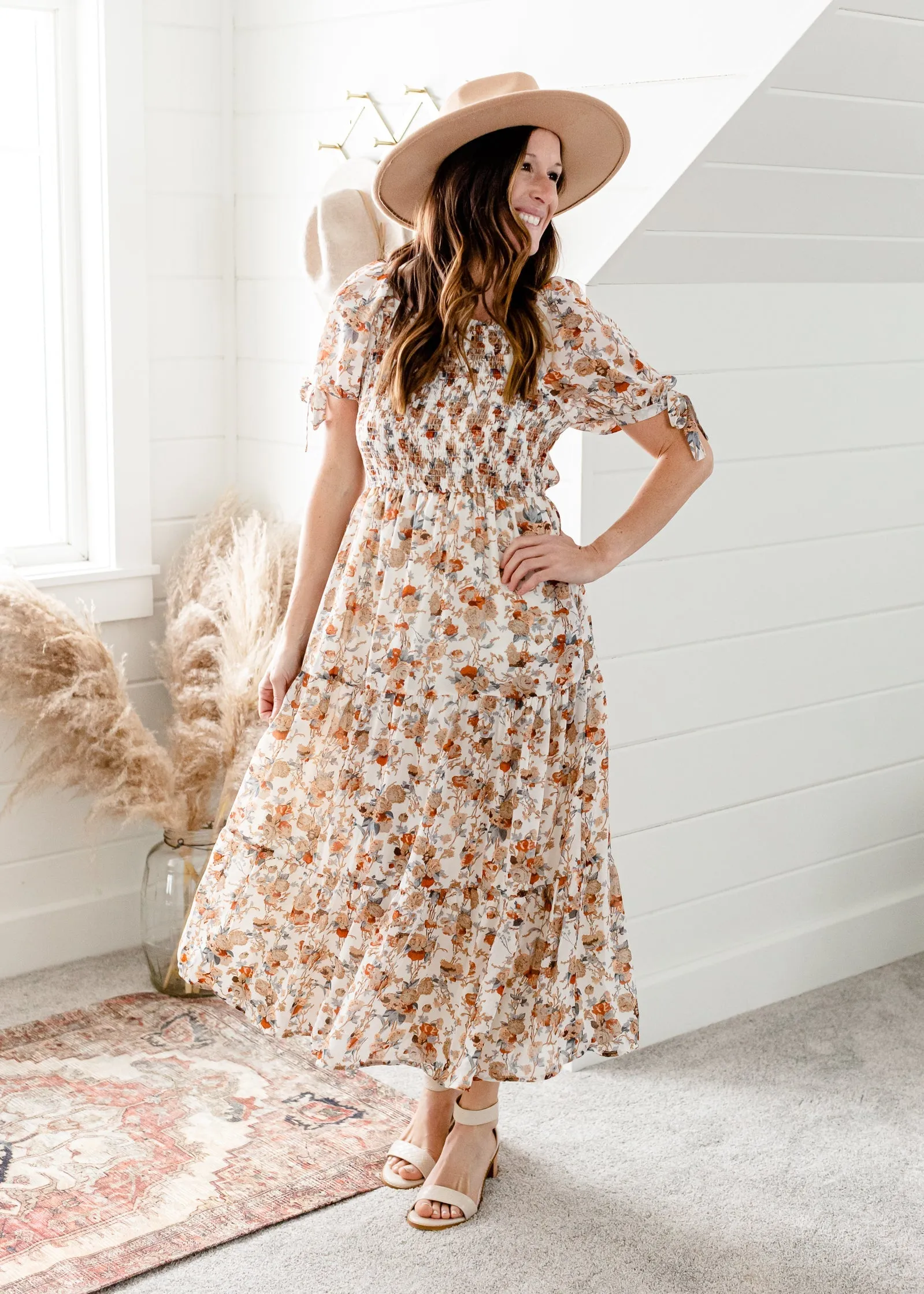 Ivory Floral Tie Sleeve Maxi Dress