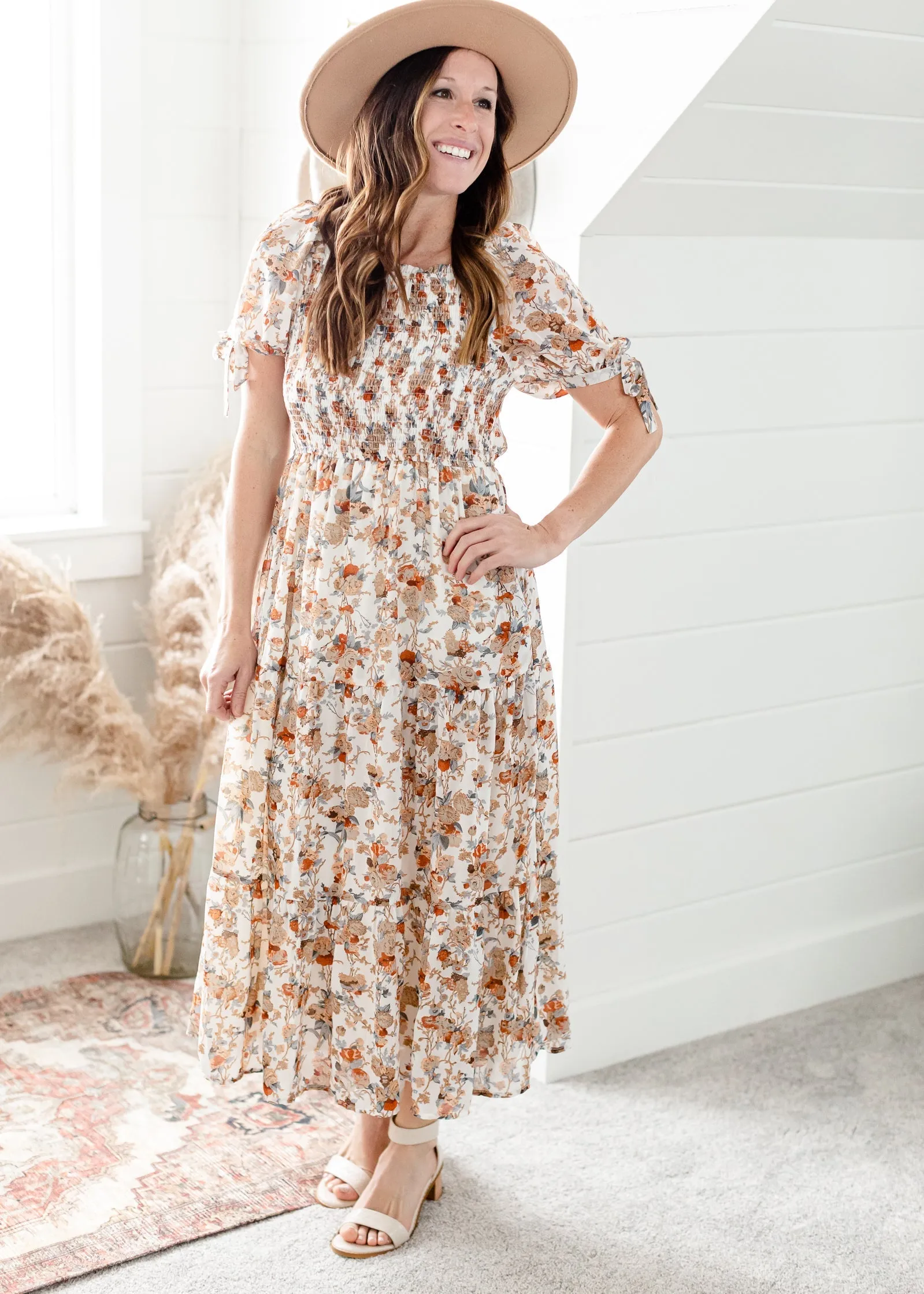 Ivory Floral Tie Sleeve Maxi Dress