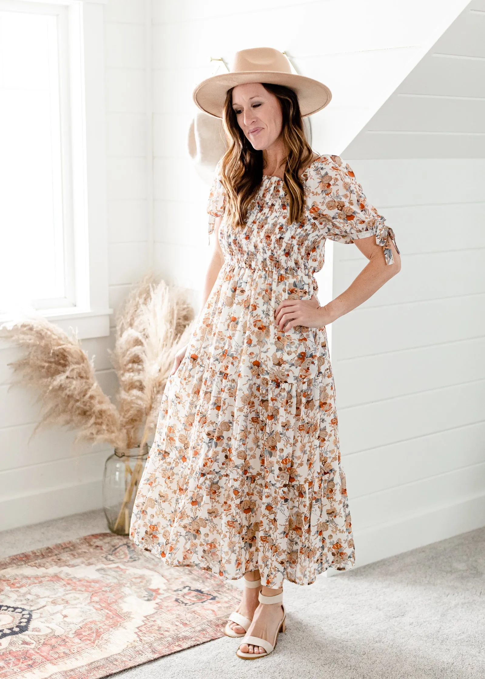 Ivory Floral Tie Sleeve Maxi Dress