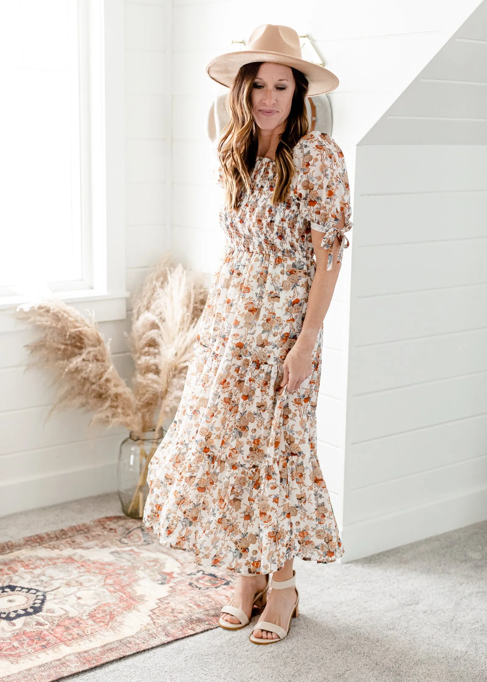 Ivory Floral Tie Sleeve Maxi Dress