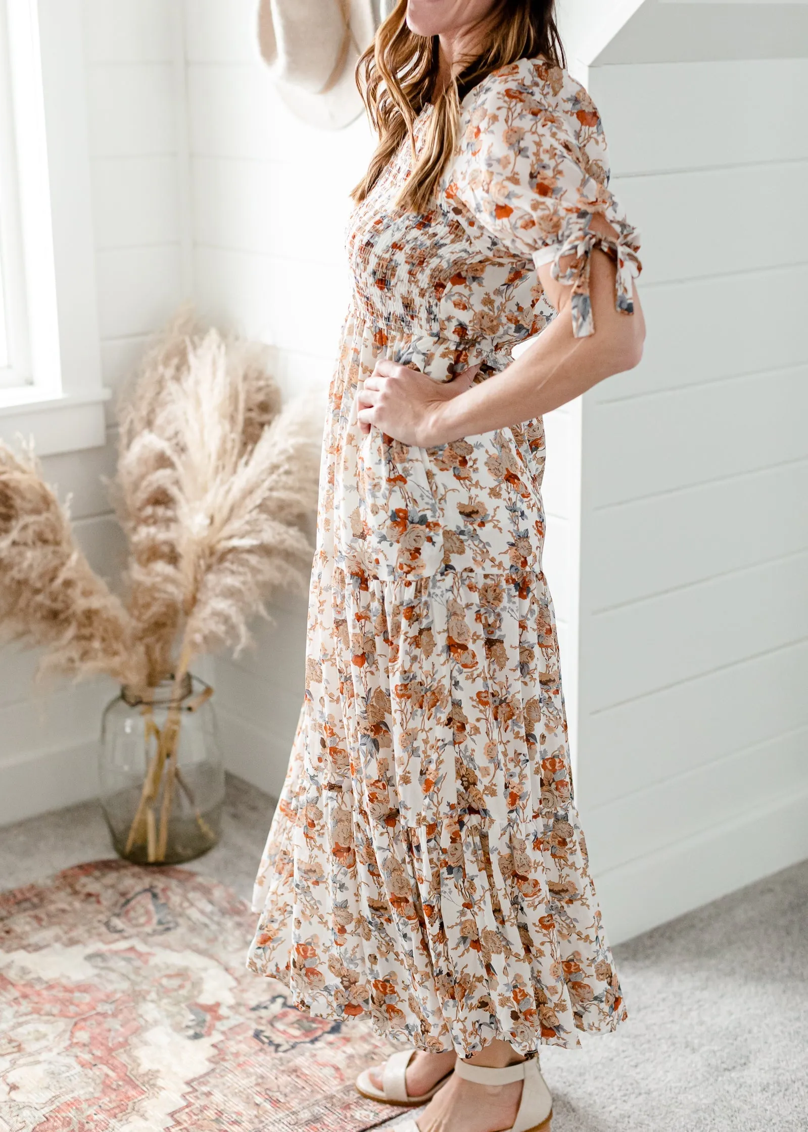 Ivory Floral Tie Sleeve Maxi Dress