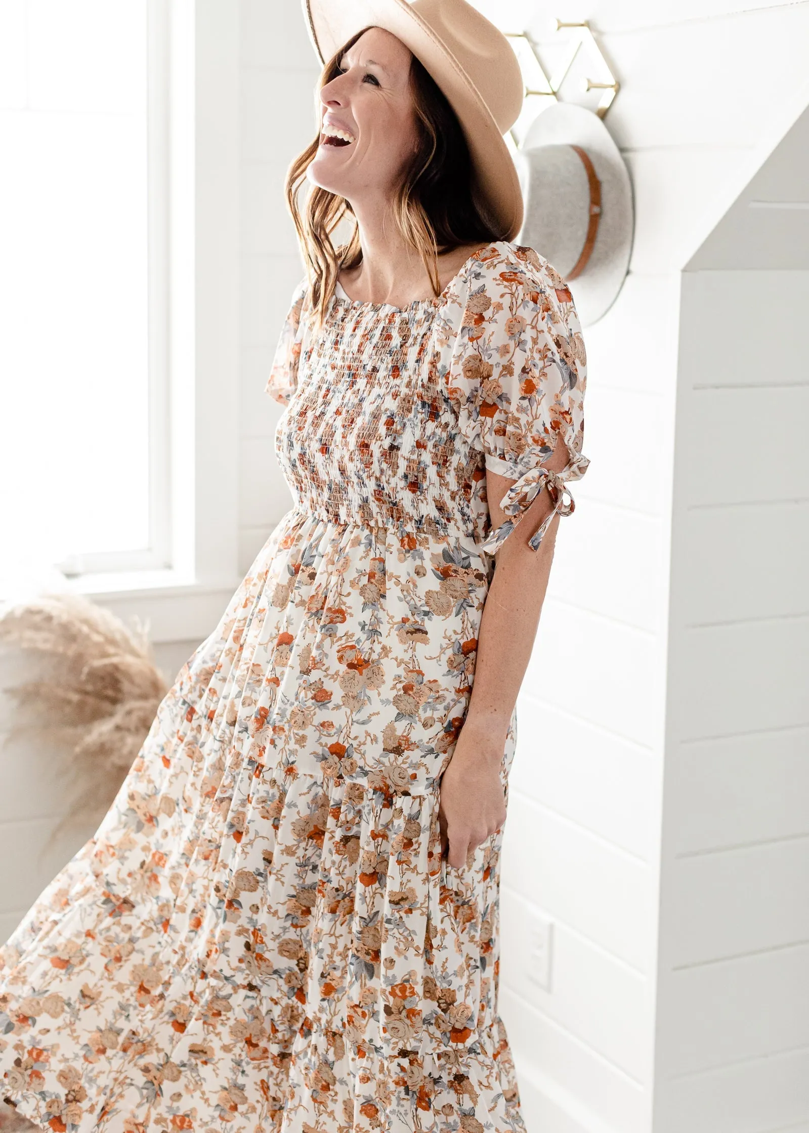 Ivory Floral Tie Sleeve Maxi Dress