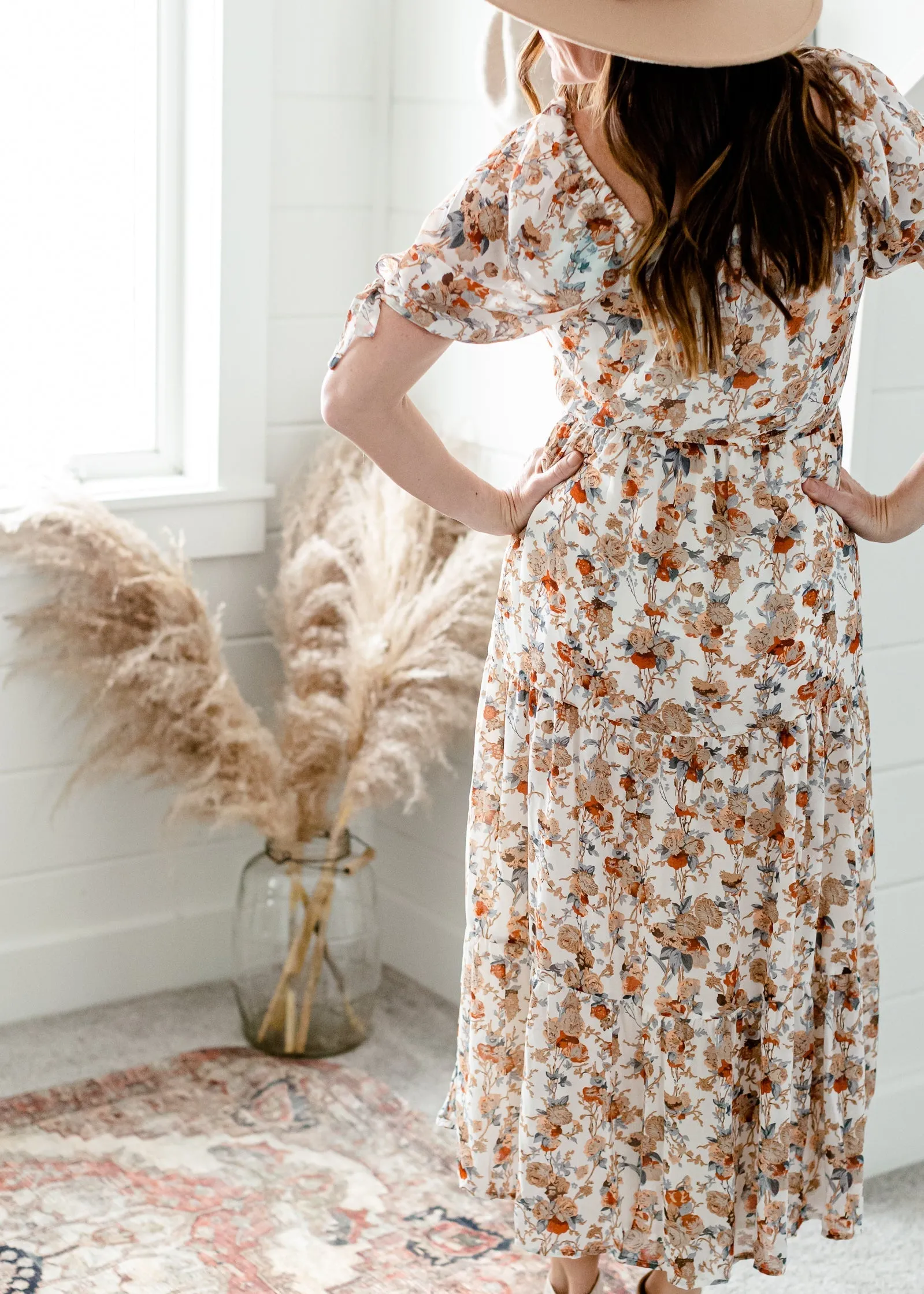 Ivory Floral Tie Sleeve Maxi Dress