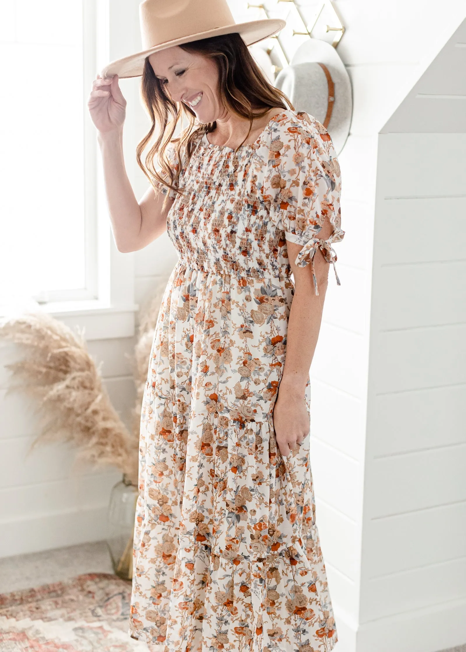 Ivory Floral Tie Sleeve Maxi Dress