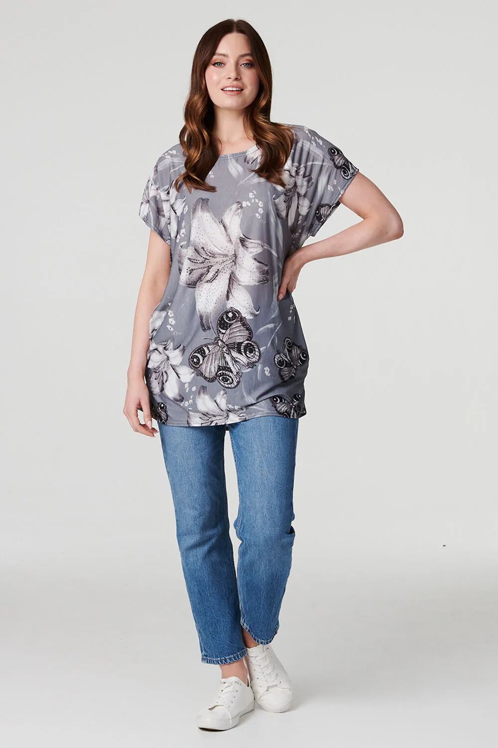 Izabel London - Floral Butterfly Print T-Shirt