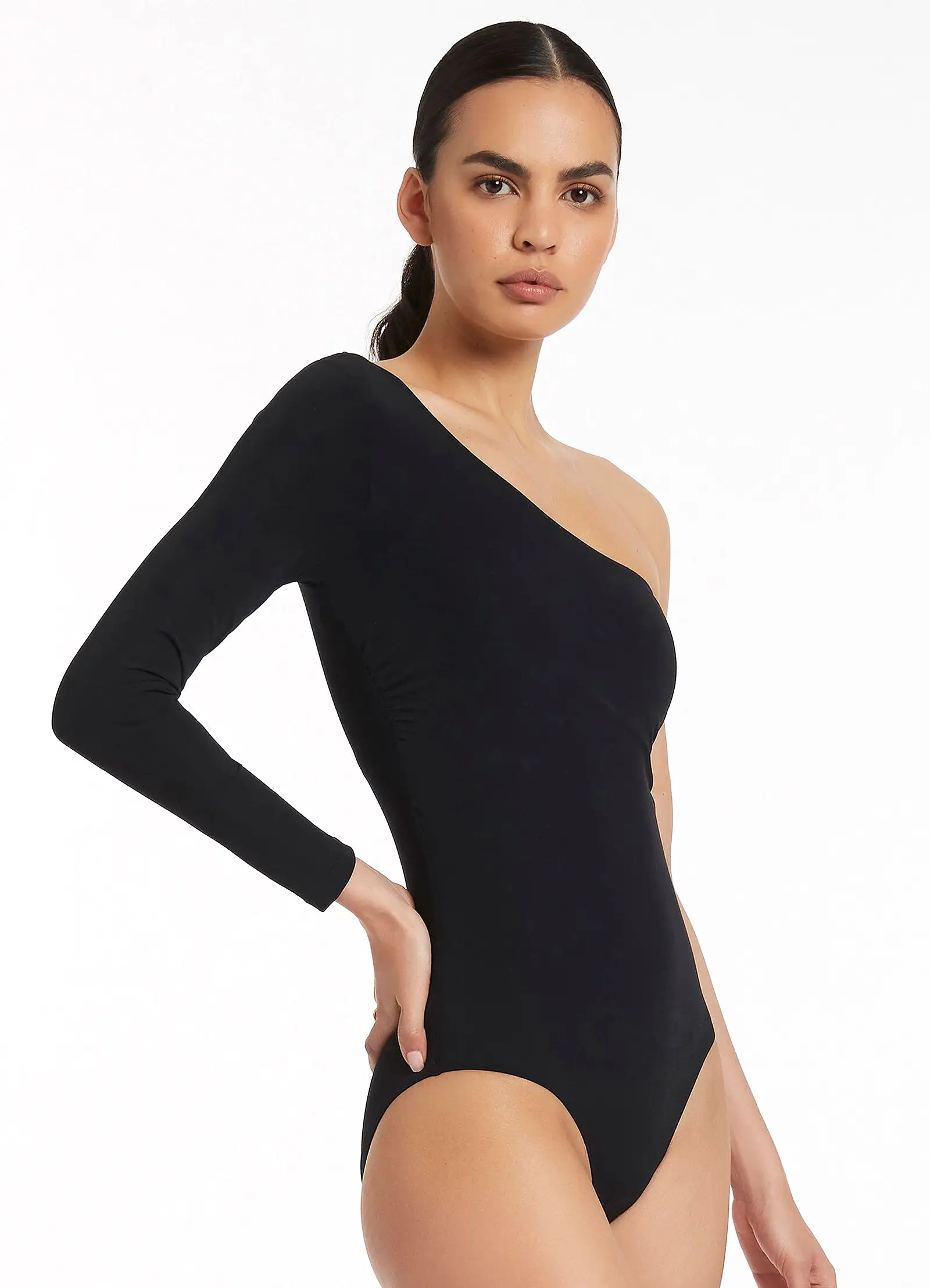 Jetset One Shoulder Long Sleeve One Piece - Black