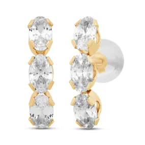 Jewelili 10K Yellow Gold with Oval Shape White Cubic Zirconia North-South Curve Earrings