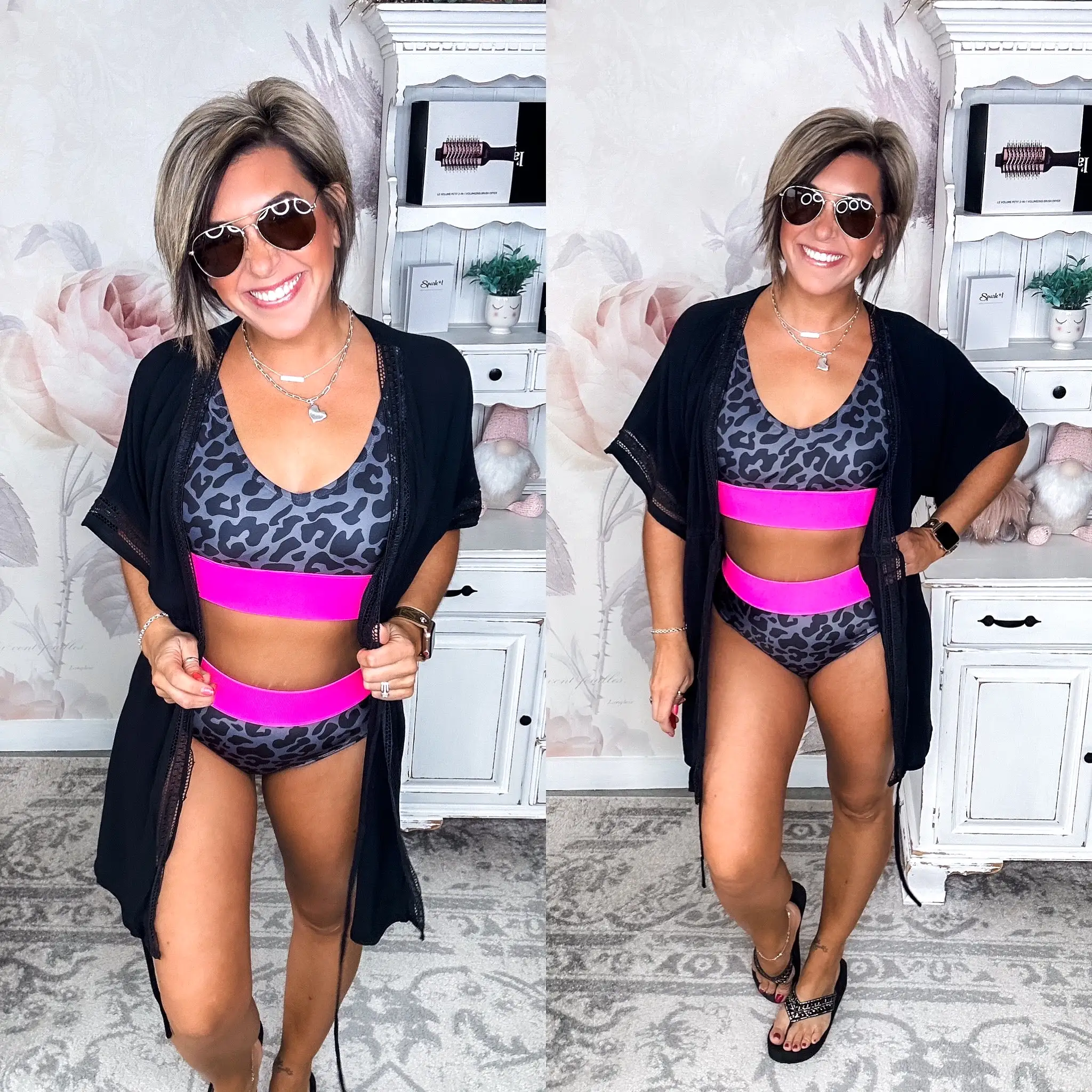 Kissed By The Sun Bikini Swim Top - Charcoal Leopard & Neon Pink