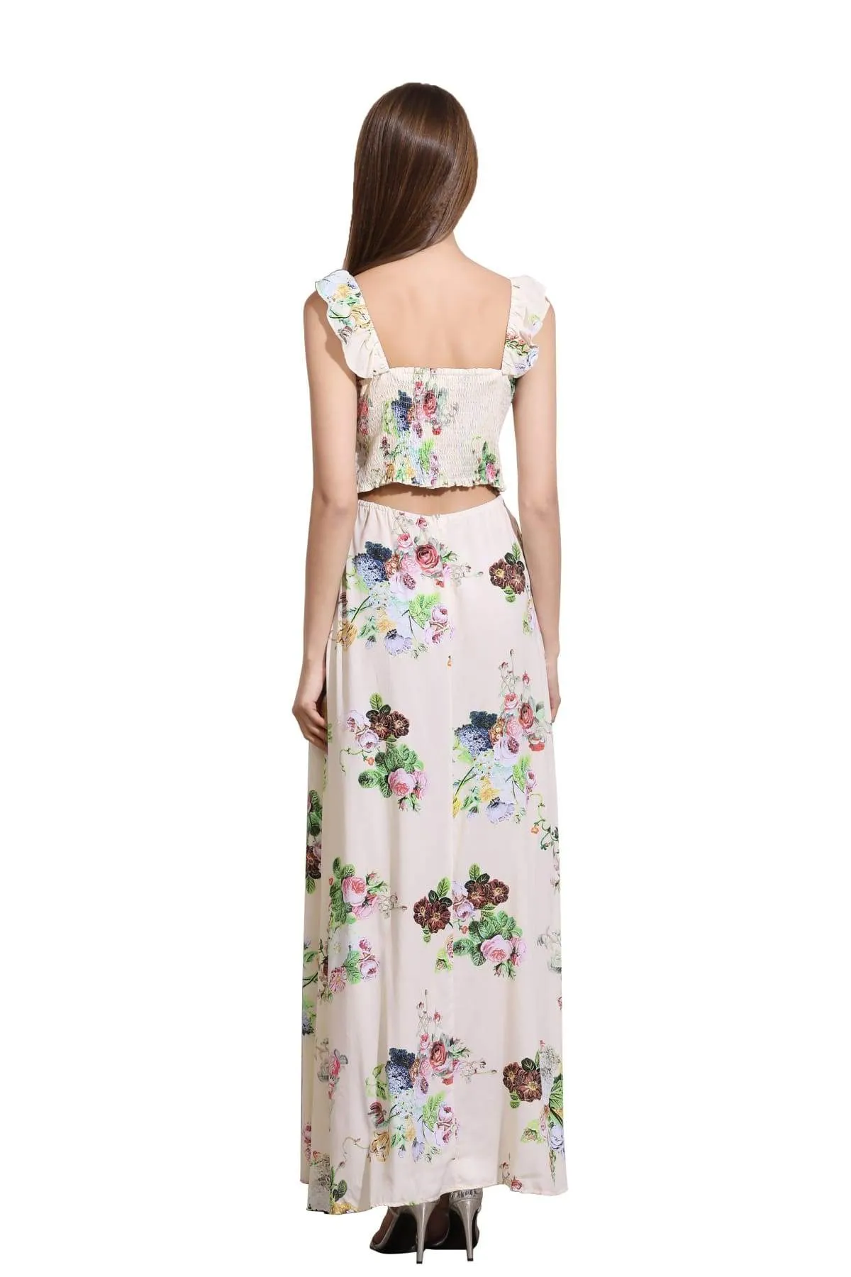 Light Cream Sweetheart Neckline Ruffle Strap with Beautiful Floral Details Tie Waist Maxi Dress