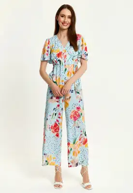 Liquorish Blue Floral Print Jumpsuit With Wide Legs