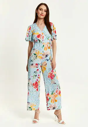 Liquorish Blue Floral Print Jumpsuit With Wide Legs