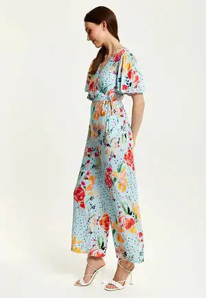 Liquorish Blue Floral Print Jumpsuit With Wide Legs