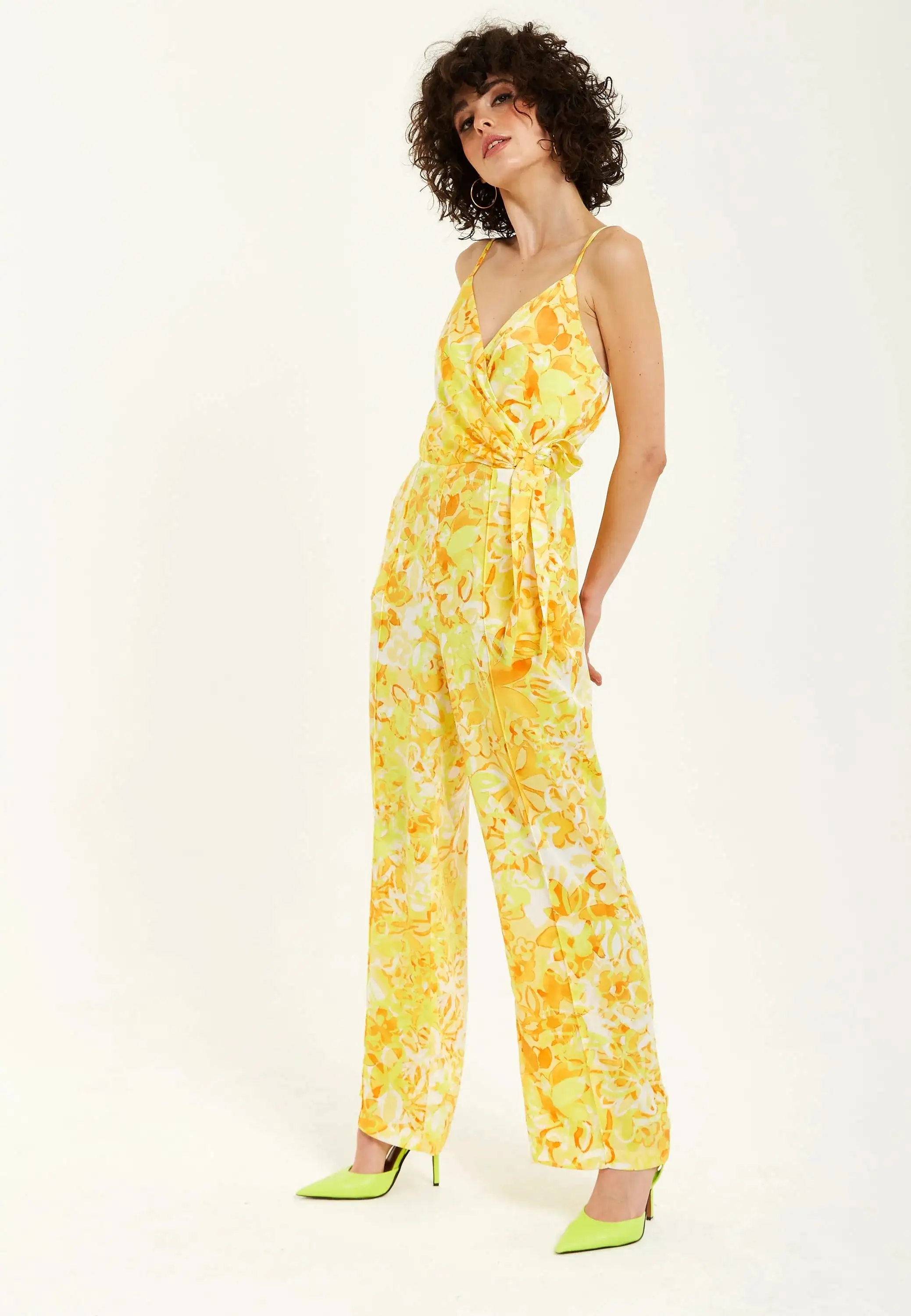 Liquorish Yellow And Orange Floral Print V-neck Jumpsuit