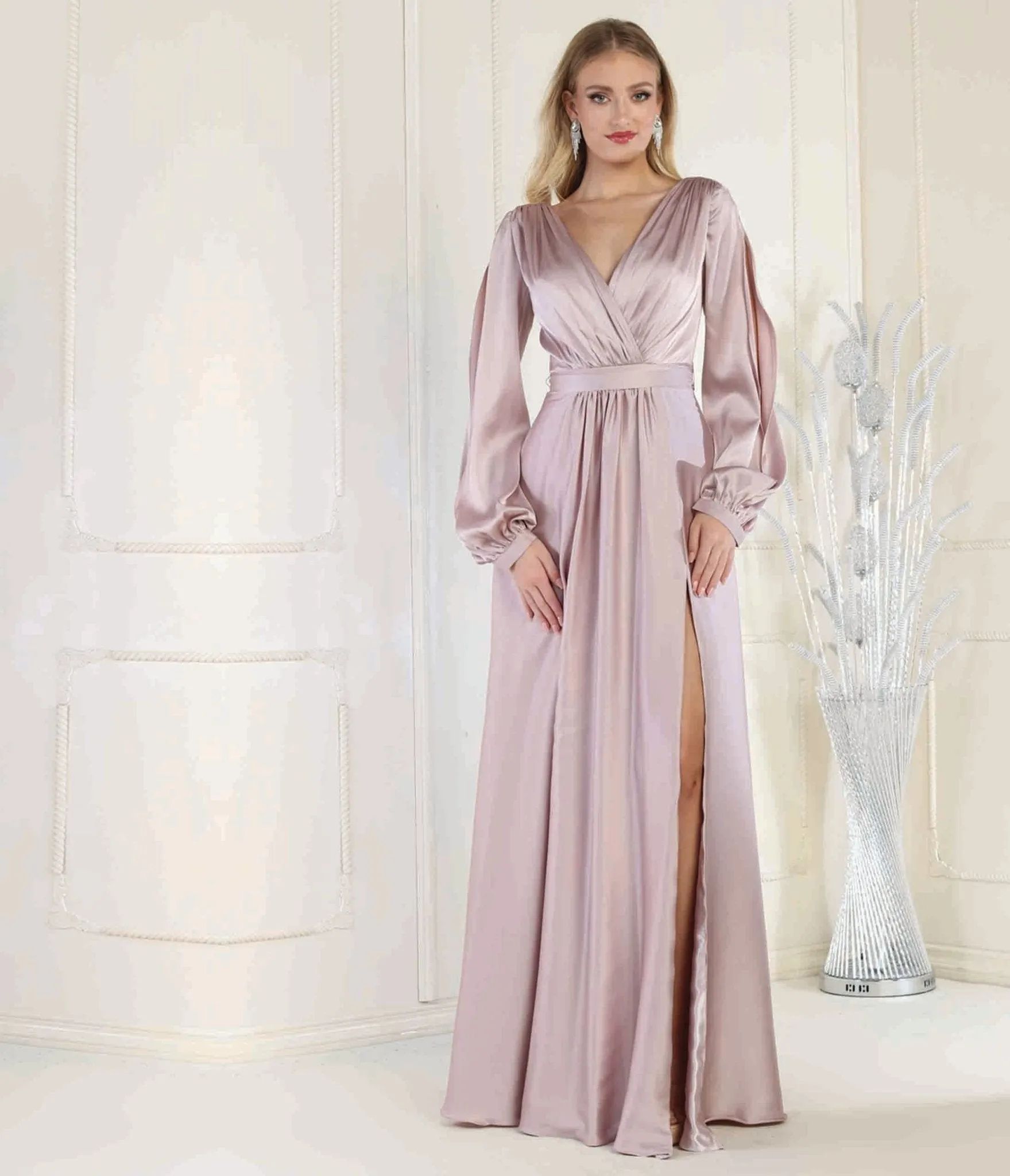 Mauve Satin Long Sleeve Goddess Gown