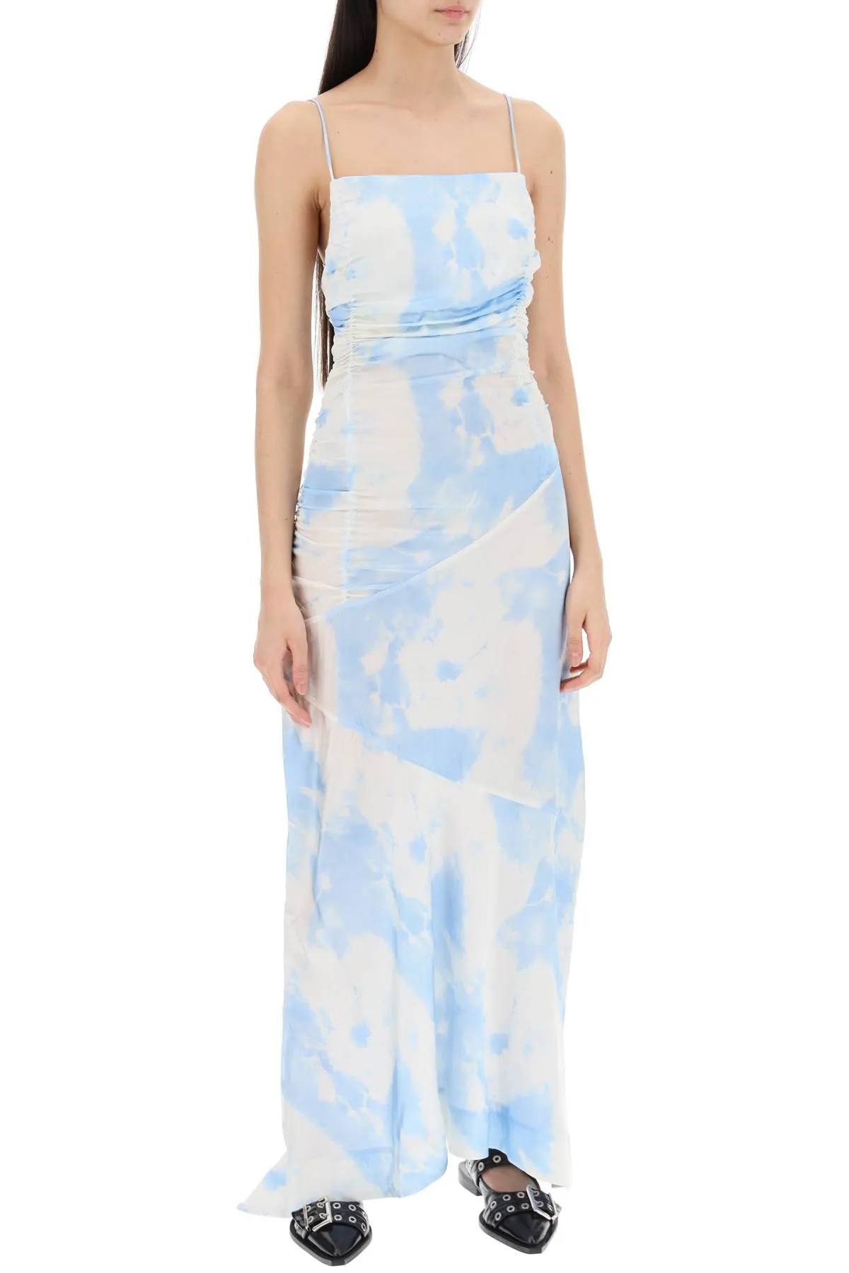 maxi printed tie-dye satin dress with r F9151 POWDER BLUE