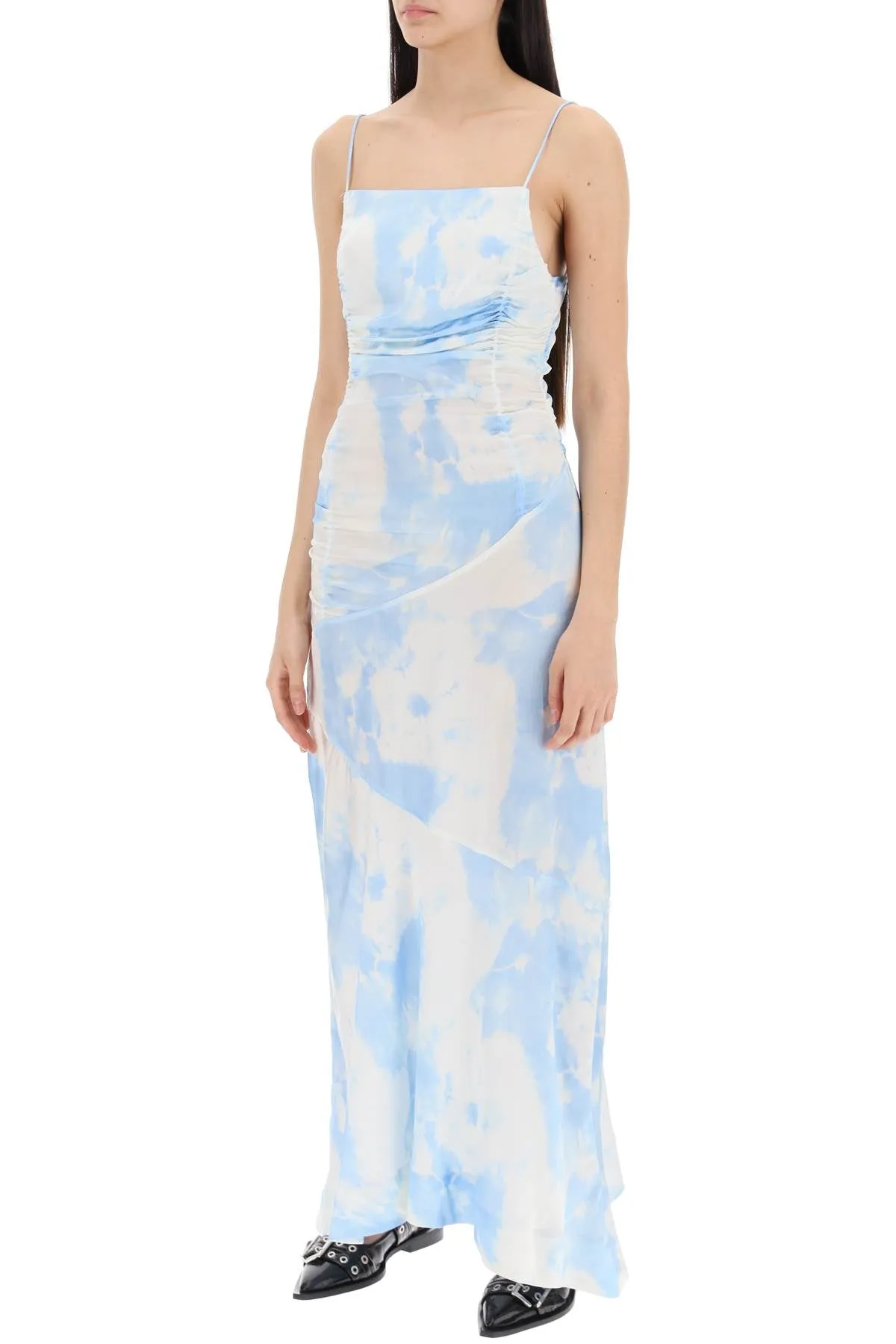 maxi printed tie-dye satin dress with r F9151 POWDER BLUE