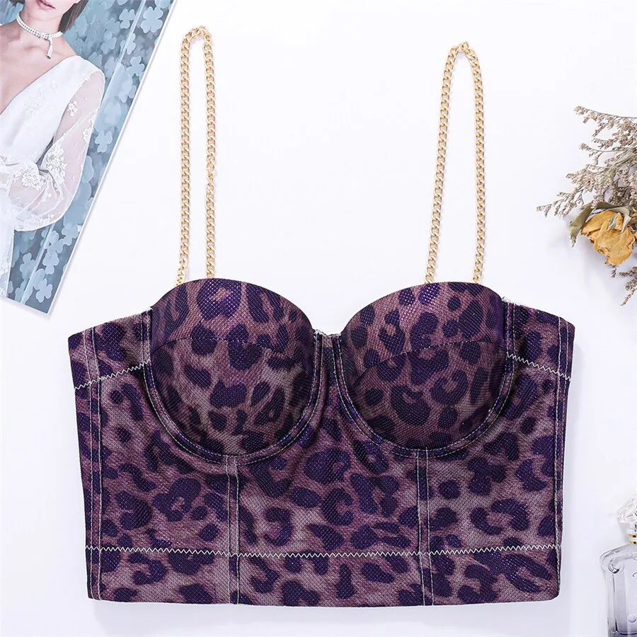 Metal Strap Purple Leopard Sleeveless Top Women Summer Top Tibbed Tank Top With Built In Bra Push Up Bralette