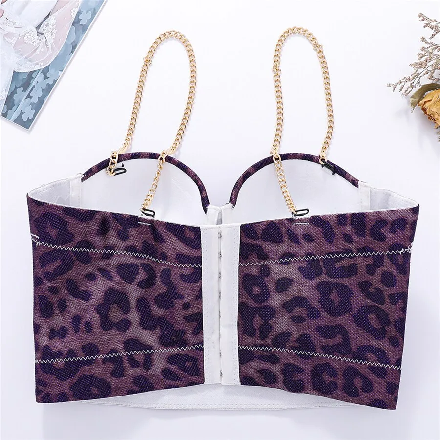 Metal Strap Purple Leopard Sleeveless Top Women Summer Top Tibbed Tank Top With Built In Bra Push Up Bralette