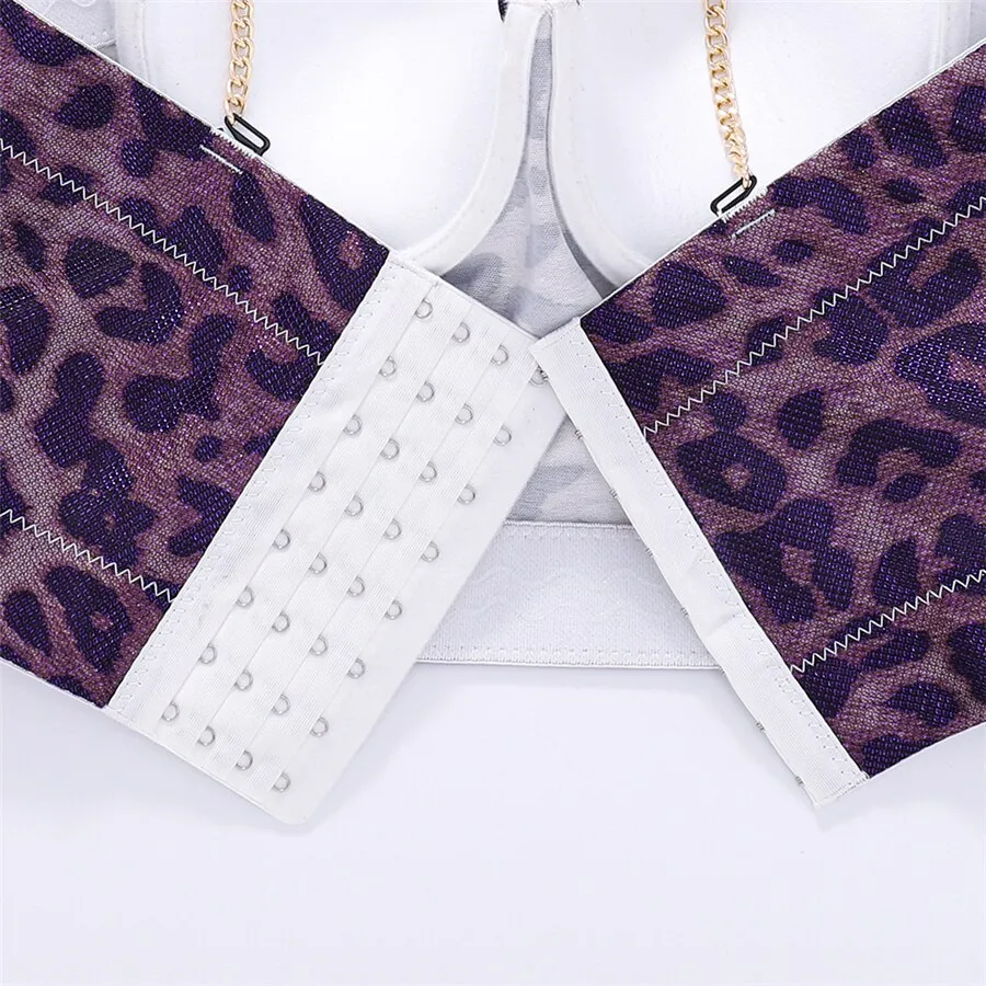 Metal Strap Purple Leopard Sleeveless Top Women Summer Top Tibbed Tank Top With Built In Bra Push Up Bralette