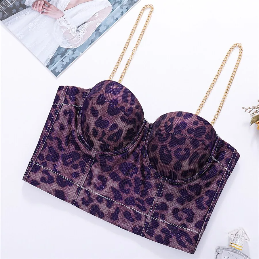 Metal Strap Purple Leopard Sleeveless Top Women Summer Top Tibbed Tank Top With Built In Bra Push Up Bralette