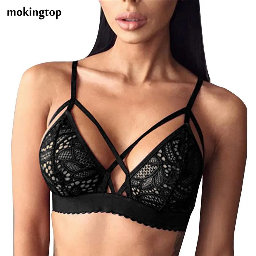 mokingtop Floral Cropped Top Cross Bandage Lace Bralette Bra Hollow Halter Top Cropped For Women Blusa Com Renda#121 SM6