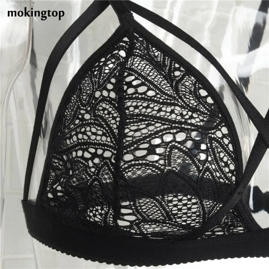 mokingtop Floral Cropped Top Cross Bandage Lace Bralette Bra Hollow Halter Top Cropped For Women Blusa Com Renda#121 SM6