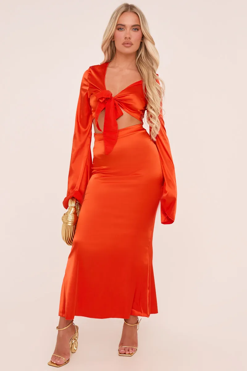 Orange Satin Tie Waist Cropped Top & Maxi Skirt Co-ord Set - Peri