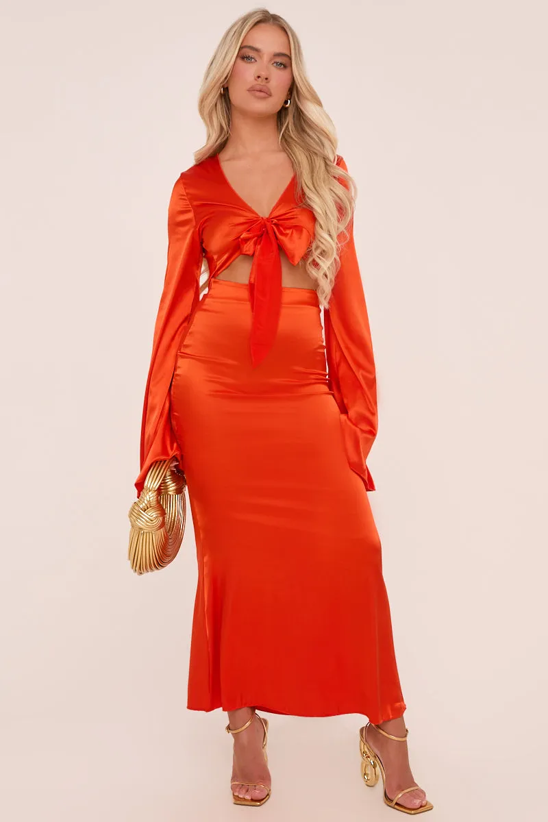 Orange Satin Tie Waist Cropped Top & Maxi Skirt Co-ord Set - Peri