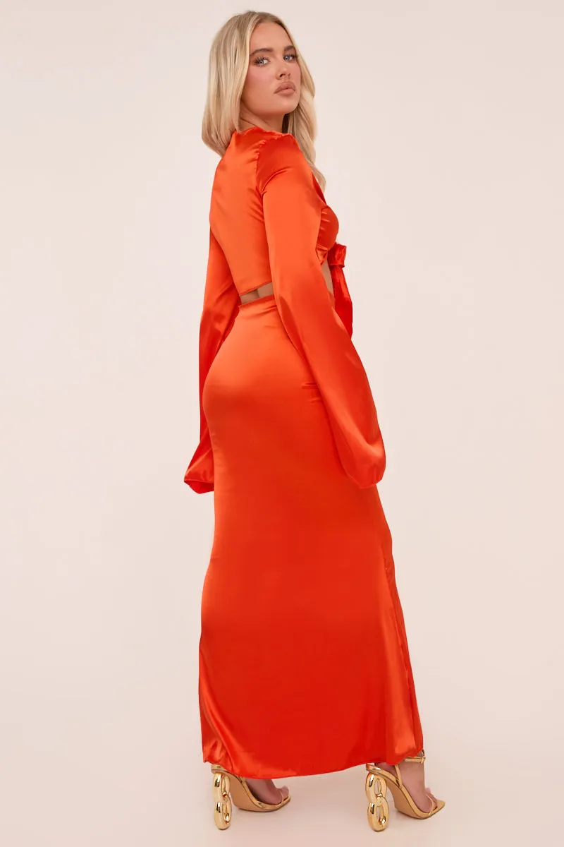 Orange Satin Tie Waist Cropped Top & Maxi Skirt Co-ord Set - Peri