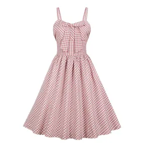 Pink Plaid Vintage High Waist Spaghetti Strap Bowknot Robe Pin Up Swing Casual Dress