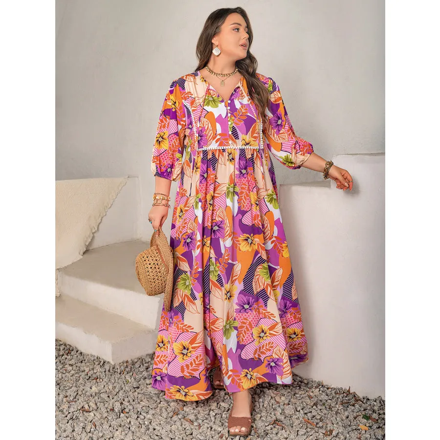 Plus Size Printed Tie Neck Maxi Dress