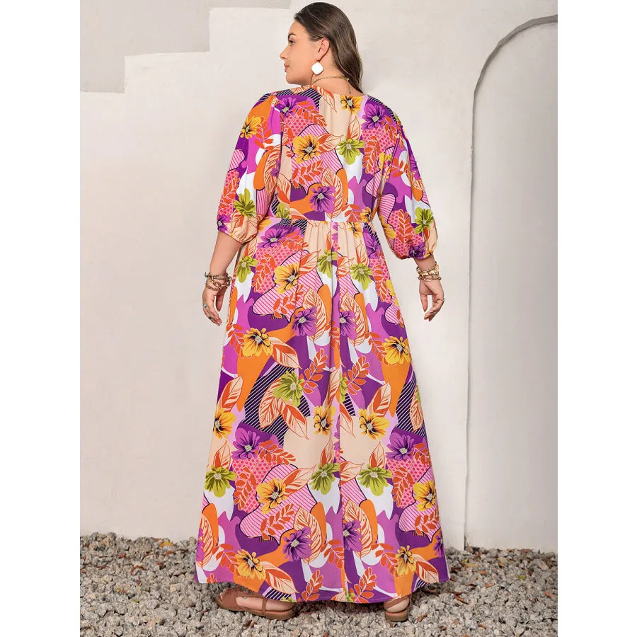 Plus Size Printed Tie Neck Maxi Dress