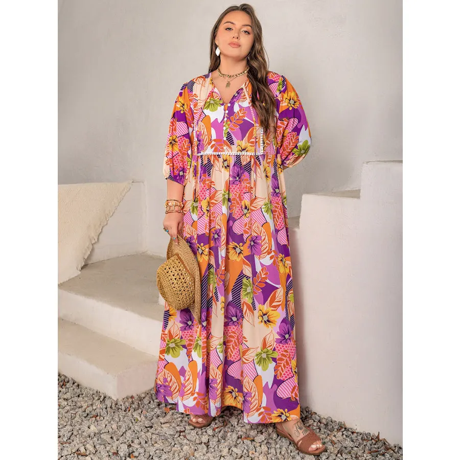 Plus Size Printed Tie Neck Maxi Dress