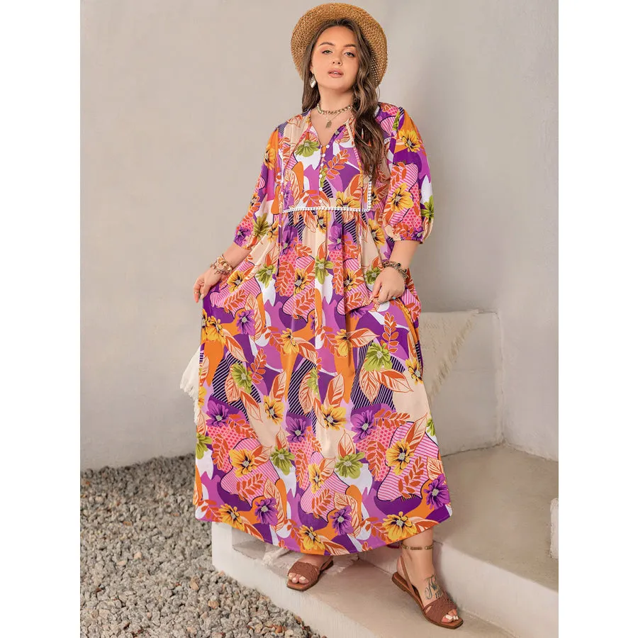 Plus Size Printed Tie Neck Maxi Dress