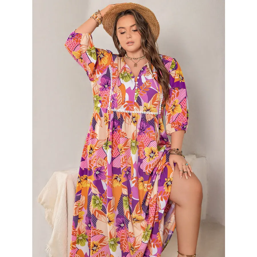 Plus Size Printed Tie Neck Maxi Dress