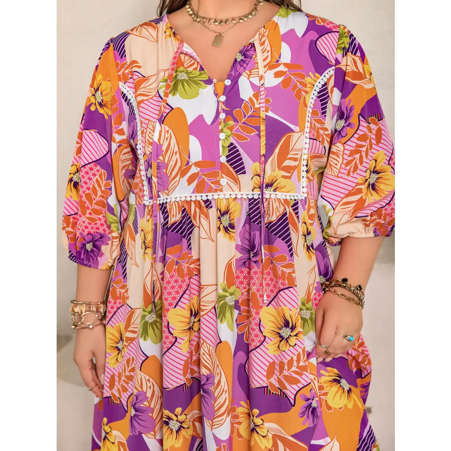 Plus Size Printed Tie Neck Maxi Dress