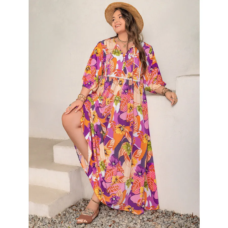 Plus Size Printed Tie Neck Maxi Dress