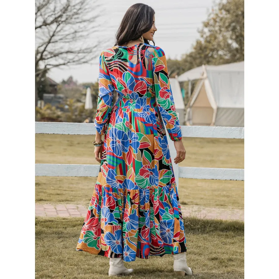 Printed Smocked Tie Neck Balloon Sleeve Maxi Dress