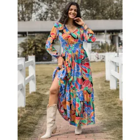 Printed Smocked Tie Neck Balloon Sleeve Maxi Dress