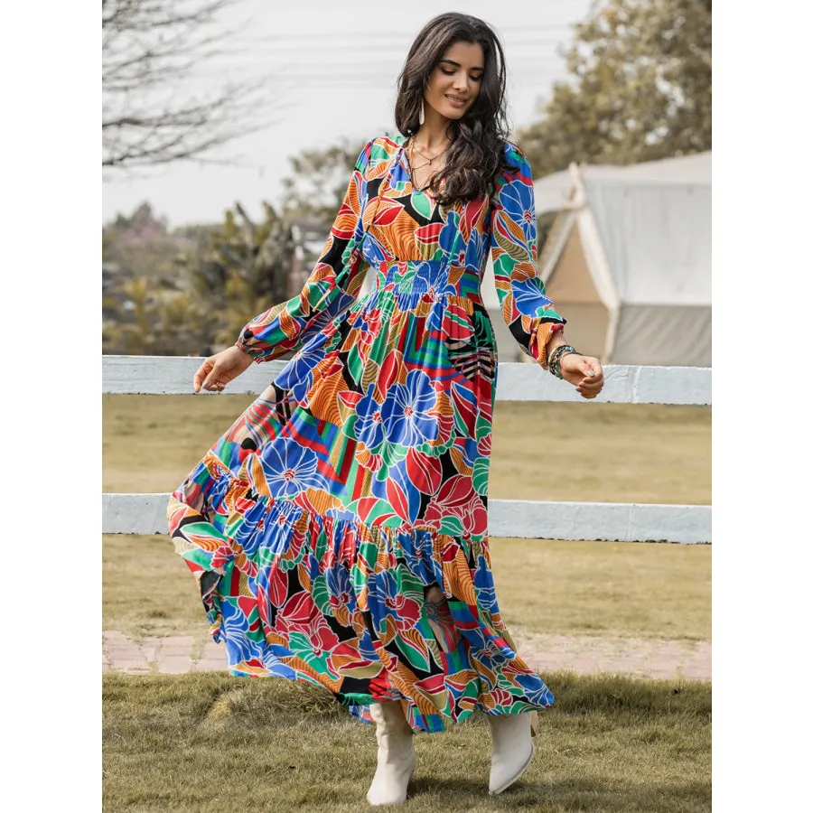 Printed Smocked Tie Neck Balloon Sleeve Maxi Dress