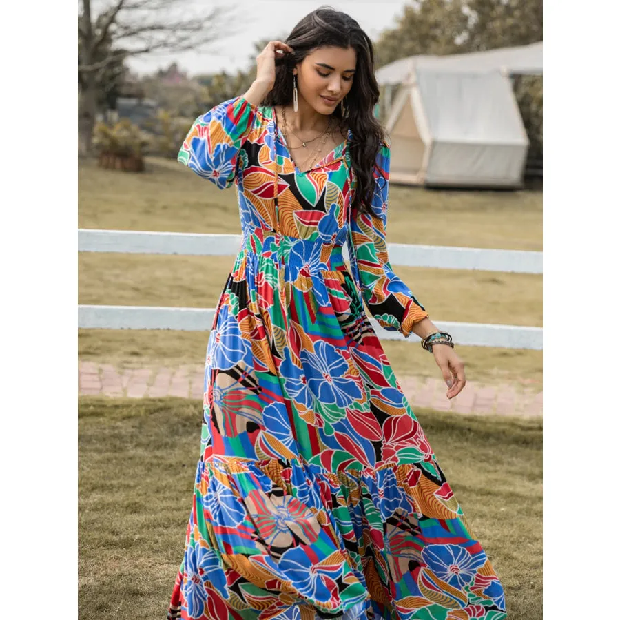 Printed Smocked Tie Neck Balloon Sleeve Maxi Dress