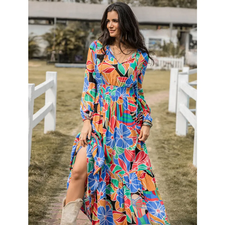 Printed Smocked Tie Neck Balloon Sleeve Maxi Dress