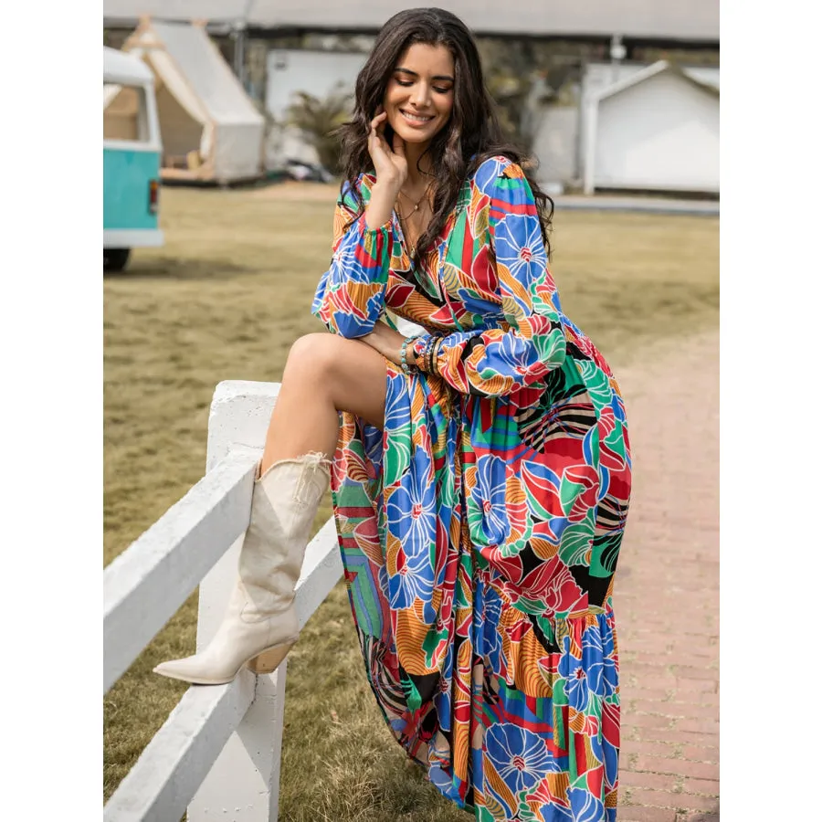 Printed Smocked Tie Neck Balloon Sleeve Maxi Dress