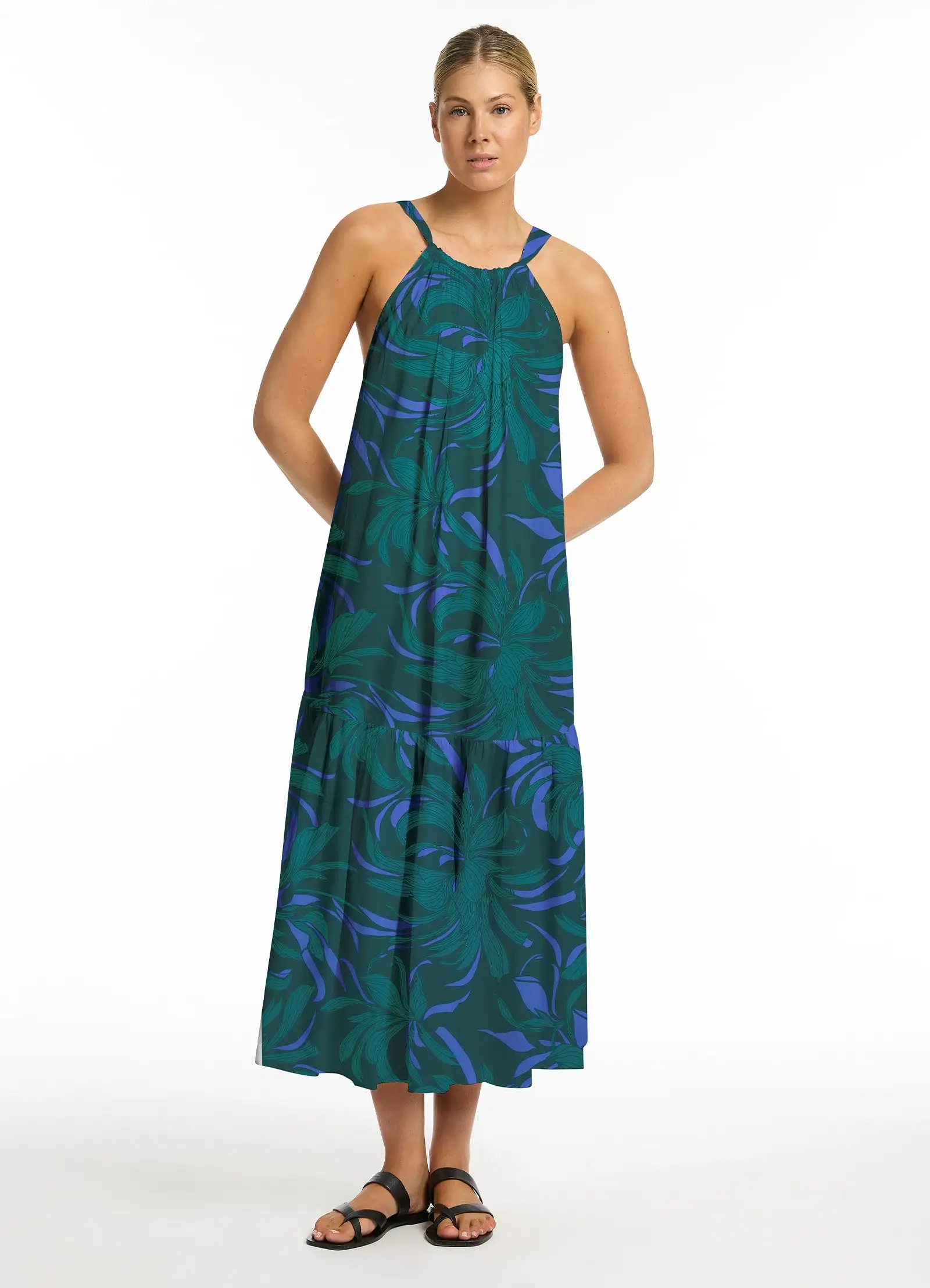 Queen Of The Night Tiered Halter Maxi Dress - Azul