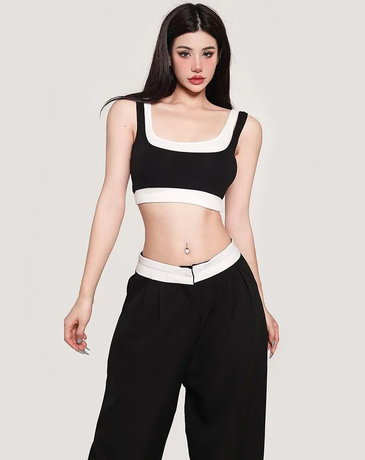 Qui Contrast Color Two-Piece Slim Square Neck Wide Strap Cropped Bra Top