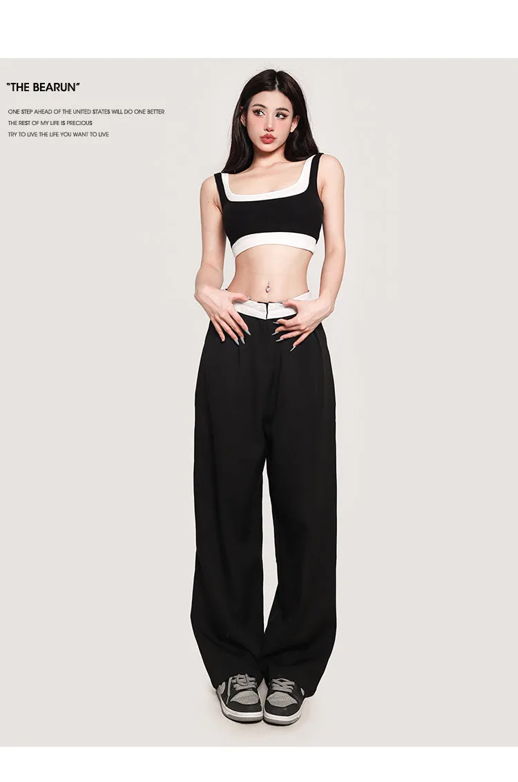 Qui Contrast Color Two-Piece Slim Square Neck Wide Strap Cropped Bra Top