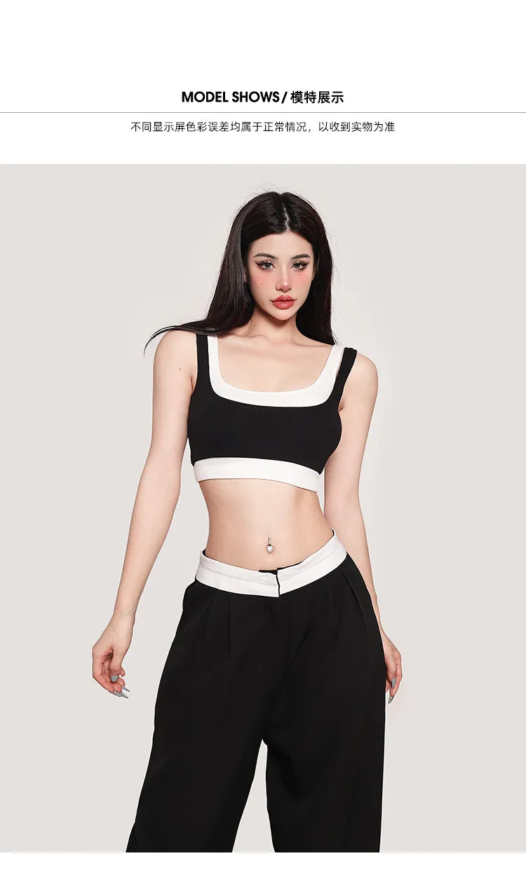 Qui Contrast Color Two-Piece Slim Square Neck Wide Strap Cropped Bra Top