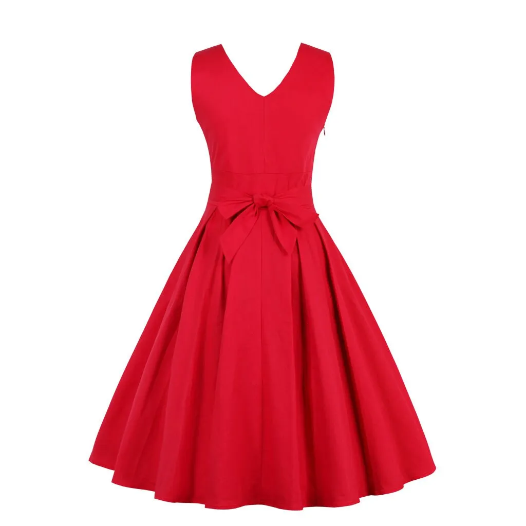 Red Women Sleeveless Cotton V Neck High Waist Robe Pin Up Swing Retro Vintage Party Casual Dress