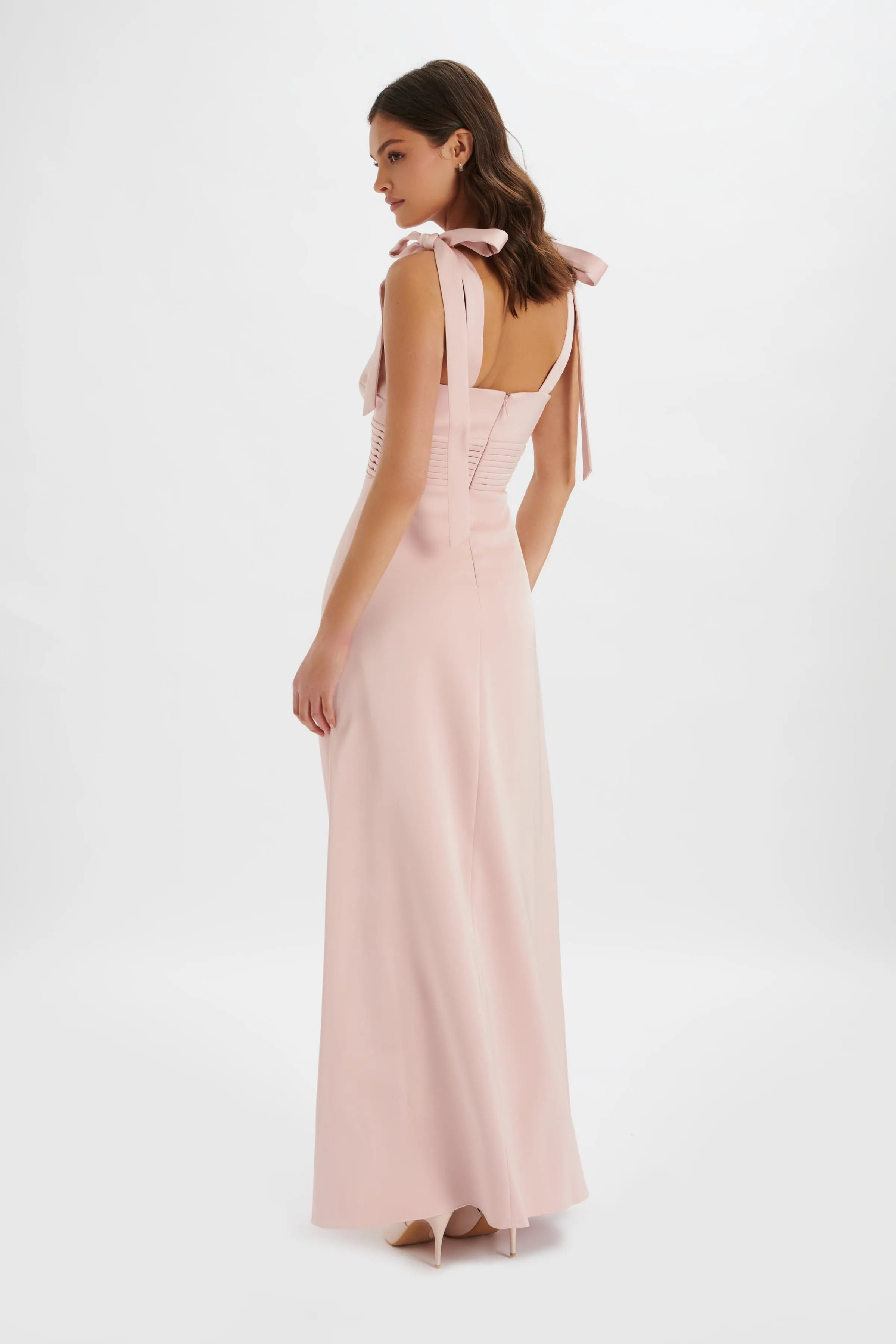 REVE Satin Tie Shoulder Maxi Dress in Pink