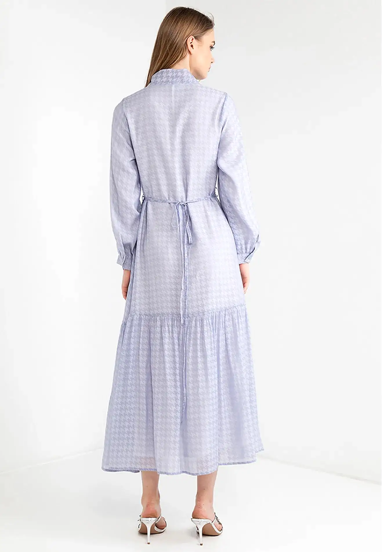 Ribbon Tie Houndstooth Maxi Dress